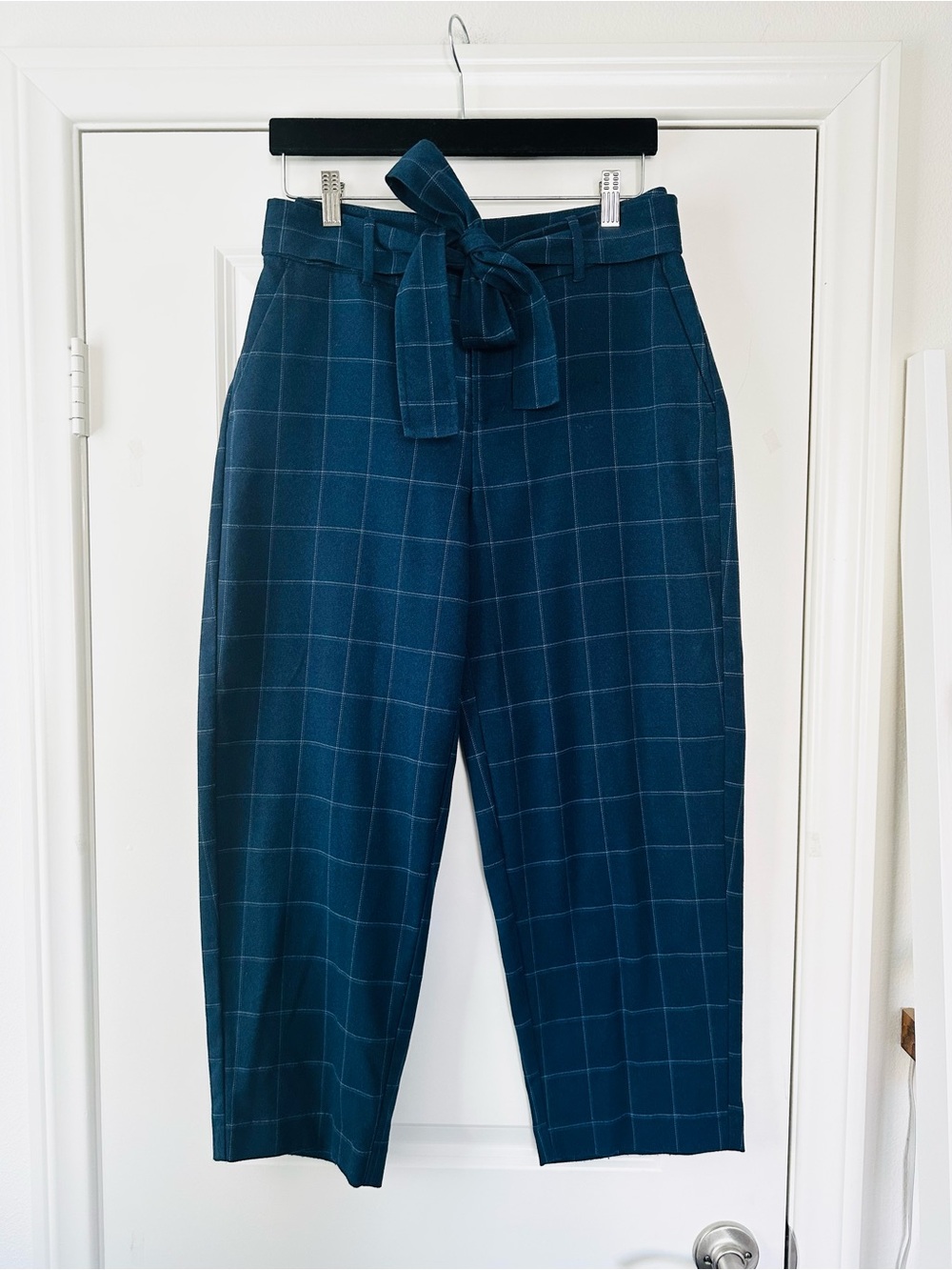 Navy Windowpane Cropped Pants Tie Belt High Rise Trousers Academia Preppy Size 8